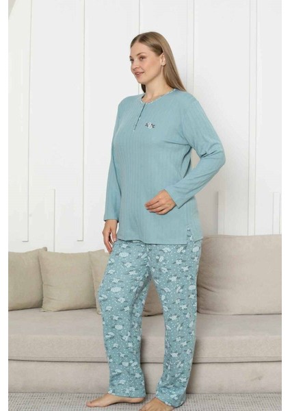 Kadın Çiçek Desen 3 Düğmeli Raporlu Kışlık Viskon Uzun Kol Pijama Takımı