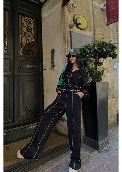 Biyeli Bluz Pantolon Takım Şönil Kumaş - Siyah indirimleri