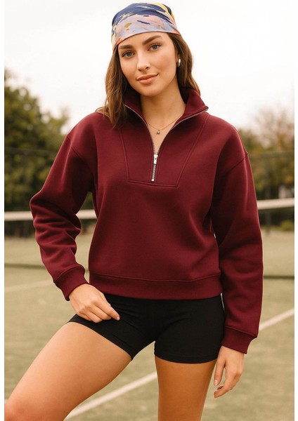 Fermuarlı Kamyoner Yaka Bordo Kadın Sweatshirt 25K0166K1