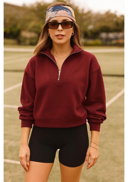 Fermuarlı Kamyoner Yaka Bordo Kadın Sweatshirt 25K0166K1 fiyatları