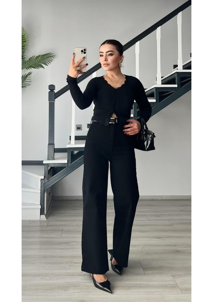 Siyah Kemerli Straight Jean