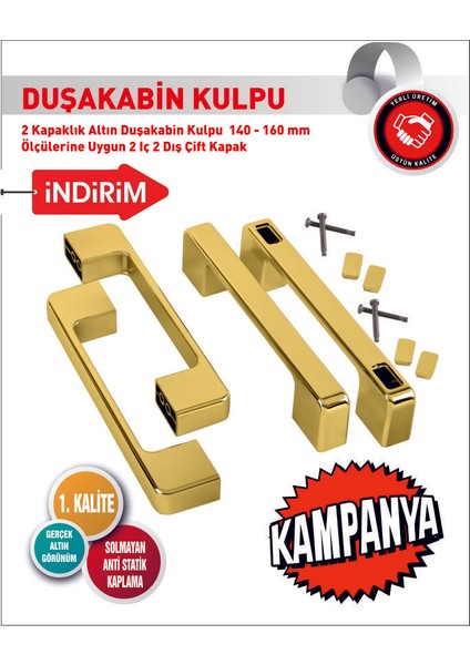 Duşakabin Cam Kapı Kare Kulp 4 Adet Duşakabin Kolu Altın