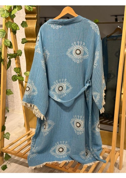 Müslin Kimono %100 Pamuklu Göz Desenli Jakarlı Bornoz Kaftan Sabahlık