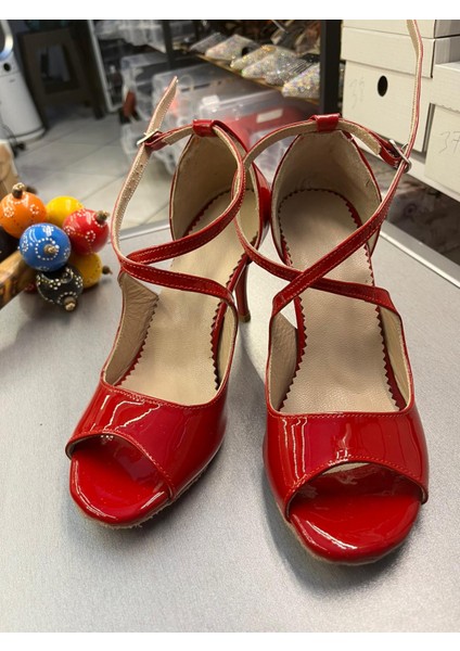 Kırmızı Ruğan Yandan Çift Bağlı Model 8,5 CM(13PONT) Tango, Dans, ve Salon Ayakkabısı
