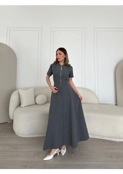 Kısa Kollu Önden Fermuarlı Çan Etekli Uzun Elbise - Antrasit