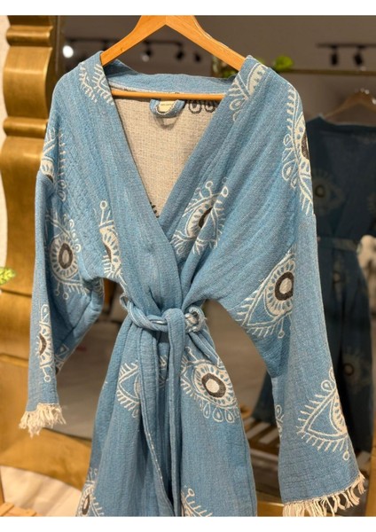Müslin Kimono %100 Pamuklu Göz Desenli Jakarlı Bornoz Kaftan Sabahlık