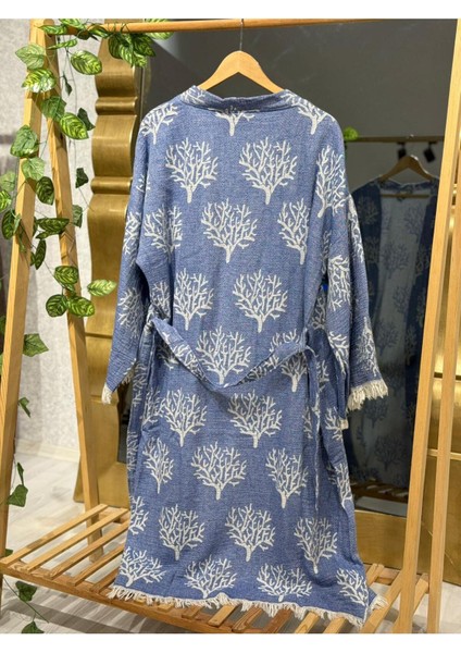 Müslin Kimono %100 Pamuklu Mercan Desenli Bornoz Kaftan Sabahlık