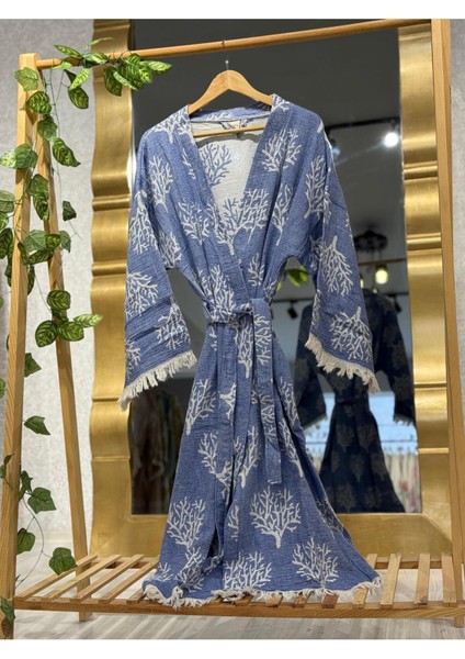 Müslin Kimono %100 Pamuklu Mercan Desenli Bornoz Kaftan Sabahlık