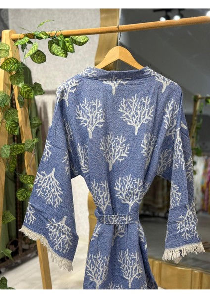 Müslin Kimono %100 Pamuklu Mercan Desenli Bornoz Kaftan Sabahlık