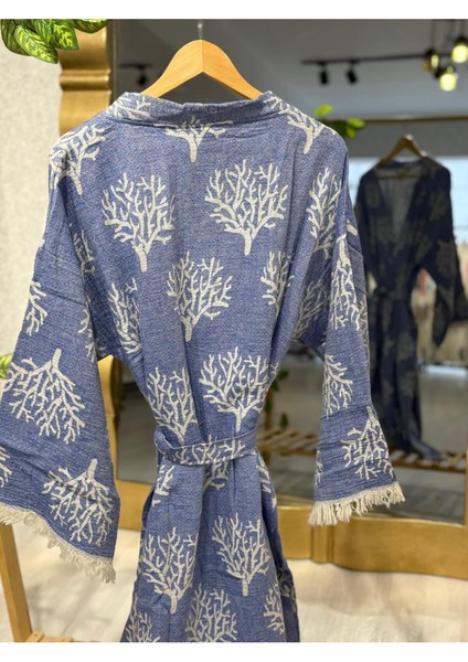 Müslin Kimono %100 Pamuklu Mercan Desenli Bornoz Kaftan Sabahlık