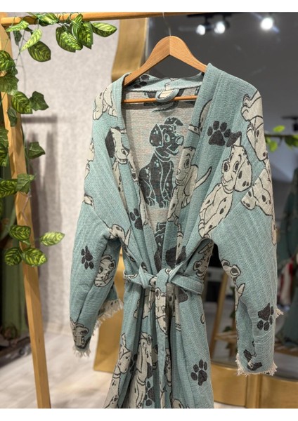 Müslin Kimono %100 Pamuklu Dalmaçyalı Desenli Jakarlı Bornoz Kaftan Sabahlık