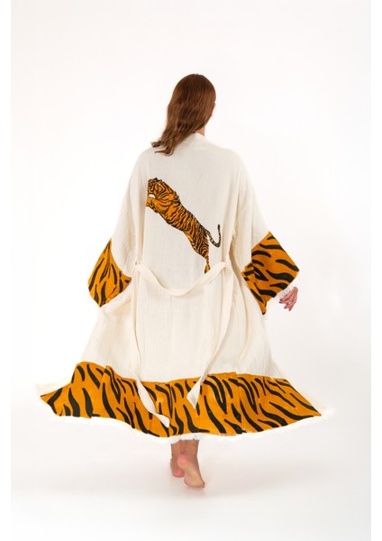 Müslin Kimono %100 Pamuklu Kaplan Baskılı Desenli Bornoz Kaftan Sabahlık