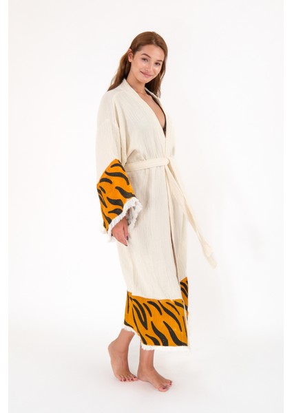 Müslin Kimono %100 Pamuklu Kaplan Baskılı Desenli Bornoz Kaftan Sabahlık modelleri