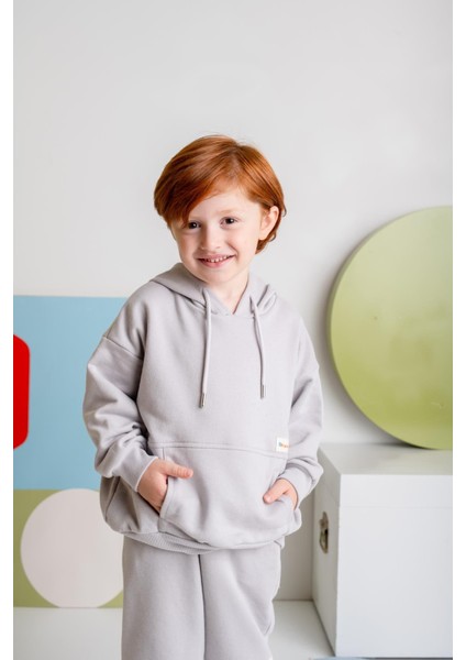 Erkek Çocuk Kapşonlu Kanguru Cepli Sweatshirt - Gri