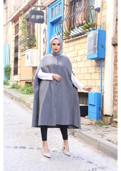 Kadın Trend Düğmeli Gri Kaşe Pelerin Panço