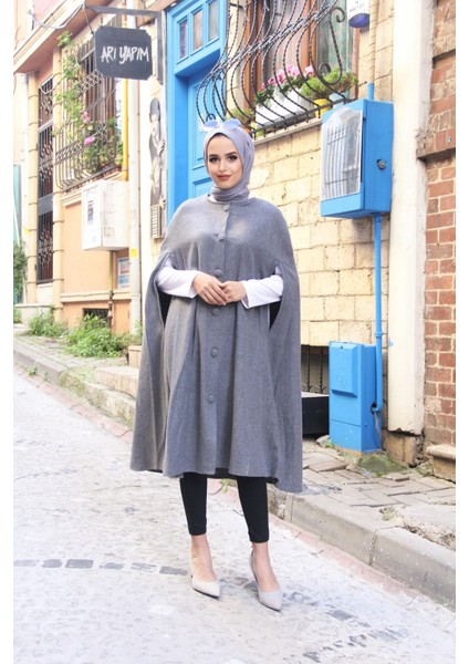 Kadın Trend Düğmeli Gri Kaşe Pelerin Panço modelleri