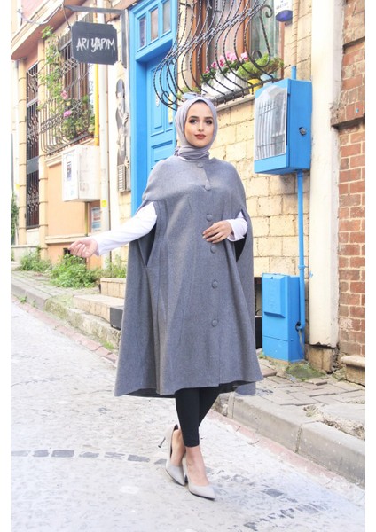 Kadın Trend Düğmeli Gri Kaşe Pelerin Panço indirimleri