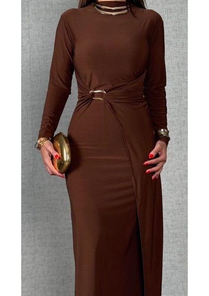 Kadın Balıkçı Yaka Toka Detay Sandy Kumaş Midi Boy Elbise