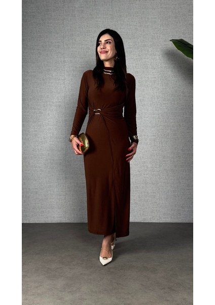 Kadın Balıkçı Yaka Toka Detay Sandy Kumaş Midi Boy Elbise fırsatları