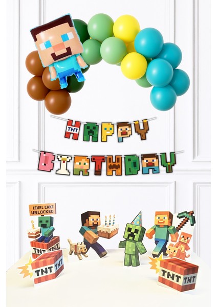 Minecraft Konsept Doğum Günü Süsleme Seti Steve Folyo Balonlu Lüks Paket