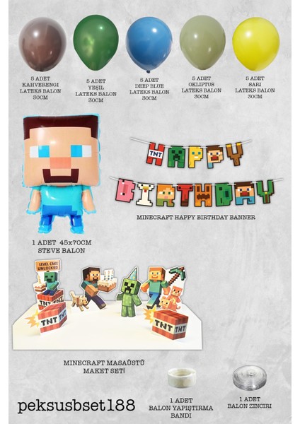 Minecraft Konsept Doğum Günü Süsleme Seti Steve Folyo Balonlu Lüks Paket fiyatları