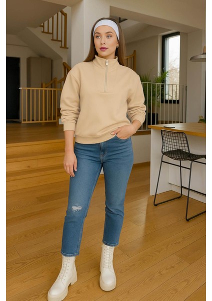 Fermuarlı Kamyoner Yaka Bej Kadın Sweatshirt 25K0166K1