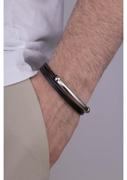 Çelik Aparatlı 3 Sıra Deri Erkek Bileklik