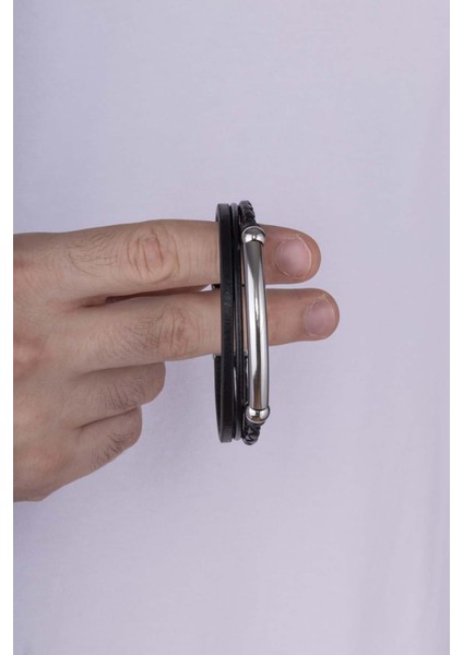 Çelik Aparatlı 3 Sıra Deri Erkek Bileklik modelleri