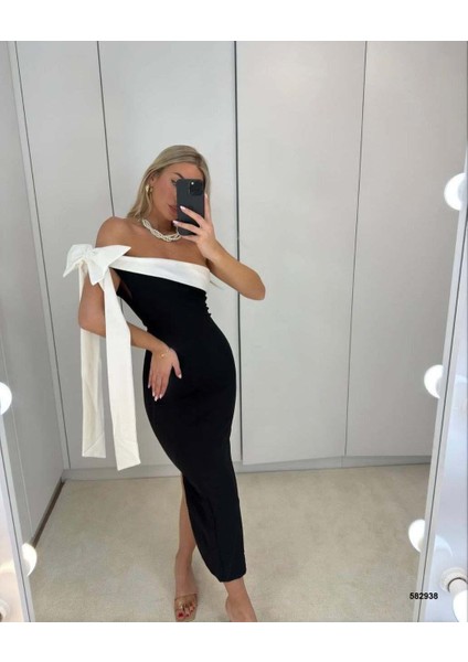 Siyah Beyaz Krep Elbise 582938