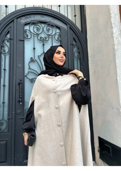 Kadın Trend Düğmeli Krem Kaşe Pelerin Panço
