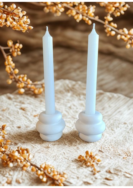 Mumlar Dahil 2' Li Bubble Şekilli Şamdanlık ve Çizgili Beyaz Şamdan Mumu