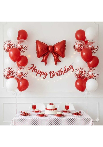 Kırmızı Fiyonk Folyo Balonlu Doğum Günü Balon Set