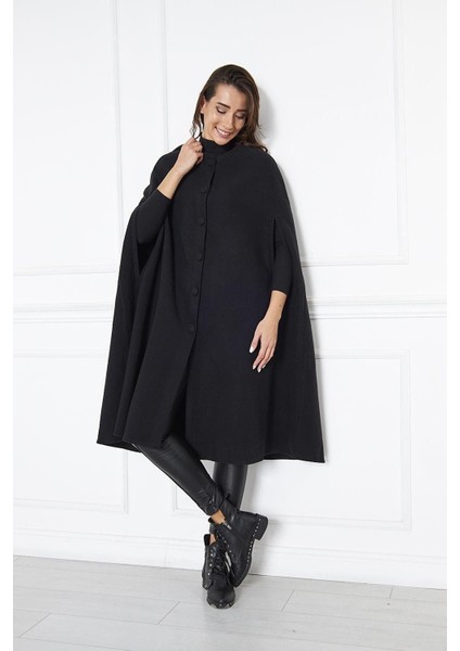 Kadın Trend Düğmeli Siyah Kaşe Pelerin Panço