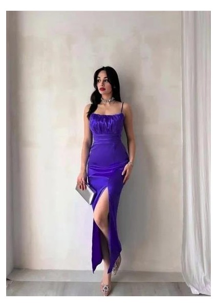 Ince Askılı Göğüs Drapeli Saten Elbise Mürdüm 583217