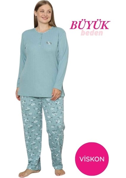 Kadın Çiçek Desen 3 Düğmeli Raporlu Kışlık Viskon Uzun Kol Pijama Takımı