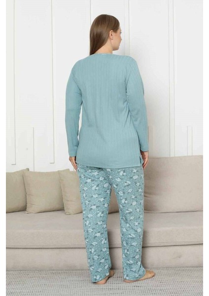 Kadın Çiçek Desen 3 Düğmeli Raporlu Kışlık Viskon Uzun Kol Pijama Takımı fırsatları