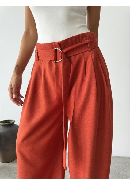 Palazzo Pantolon Kumaş Kemer Detaylı - Kiremit fırsatları