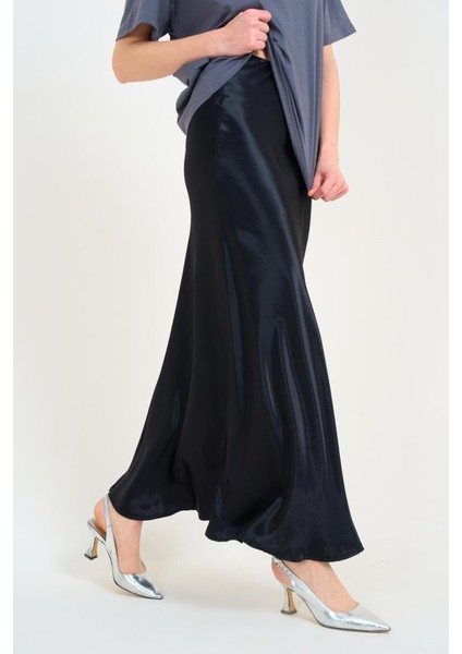 Düz Uzun Saten Etek - Siyah indirimleri
