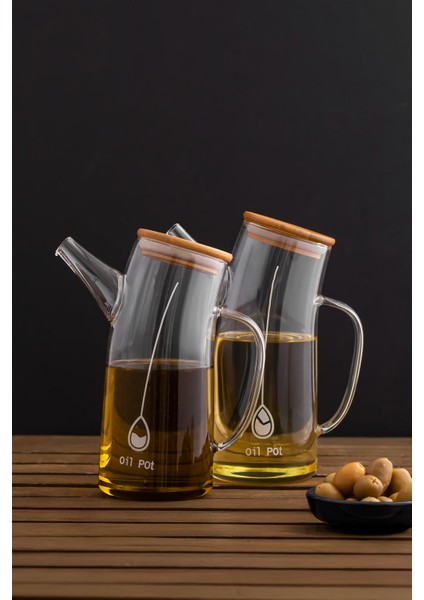 2093 Bambu Kapaklı Vakumlu Borosilikat Cam 2li Yağdanlık Yağlık Sirkelik Seti 700ML