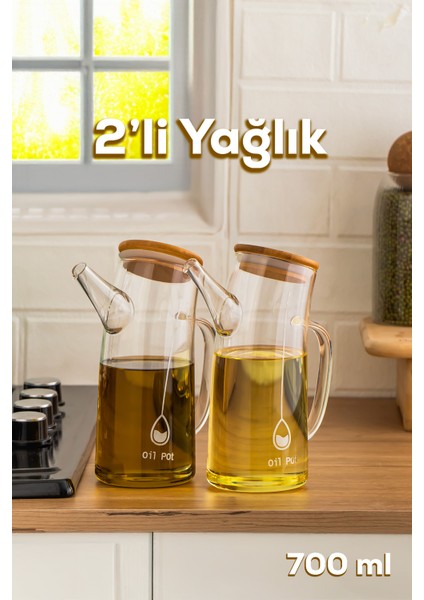 2093 Bambu Kapaklı Vakumlu Borosilikat Cam 2li Yağdanlık Yağlık Sirkelik Seti 700ML modelleri