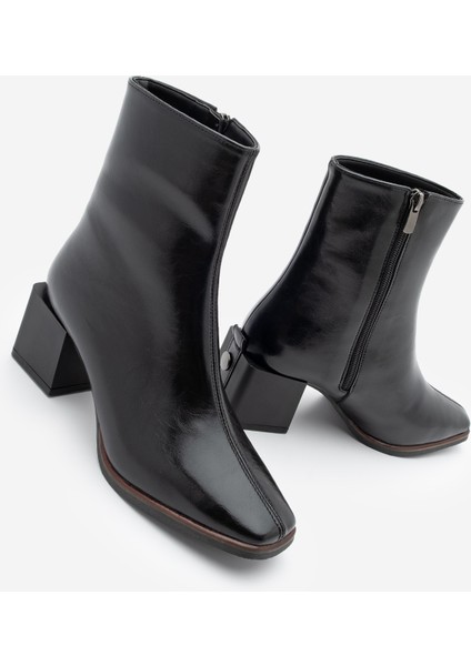 Kadın Topuklu Bot&Bootie Küt Burun Ahşap Desen Ökçe Fermuarlı Günlük Klasik Bot Noyes Siyah