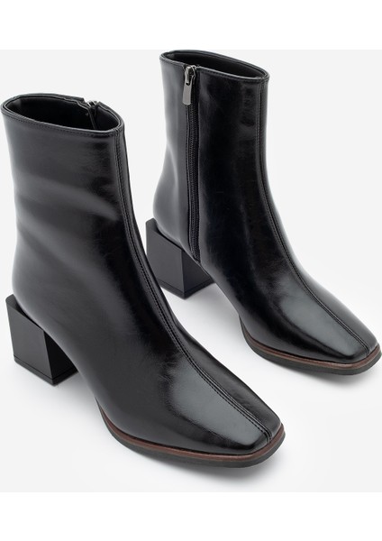 Kadın Topuklu Bot&Bootie Küt Burun Ahşap Desen Ökçe Fermuarlı Günlük Klasik Bot Noyes Siyah indirimleri