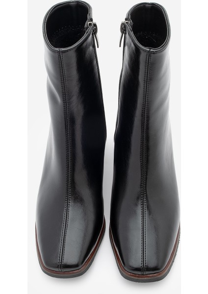 Kadın Topuklu Bot&Bootie Küt Burun Ahşap Desen Ökçe Fermuarlı Günlük Klasik Bot Noyes Siyah