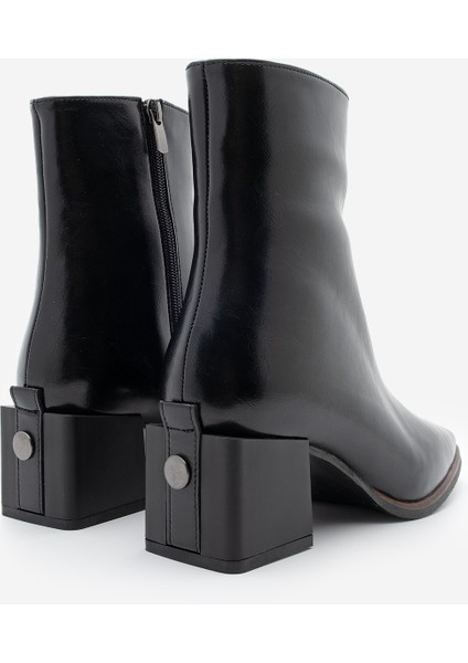 Kadın Topuklu Bot&Bootie Küt Burun Ahşap Desen Ökçe Fermuarlı Günlük Klasik Bot Noyes Siyah
