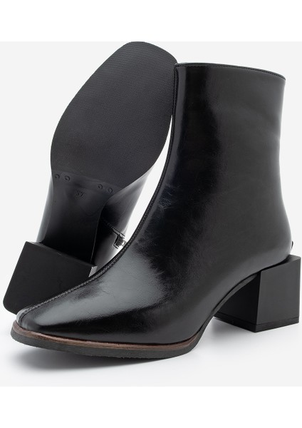 Kadın Topuklu Bot&Bootie Küt Burun Ahşap Desen Ökçe Fermuarlı Günlük Klasik Bot Noyes Siyah