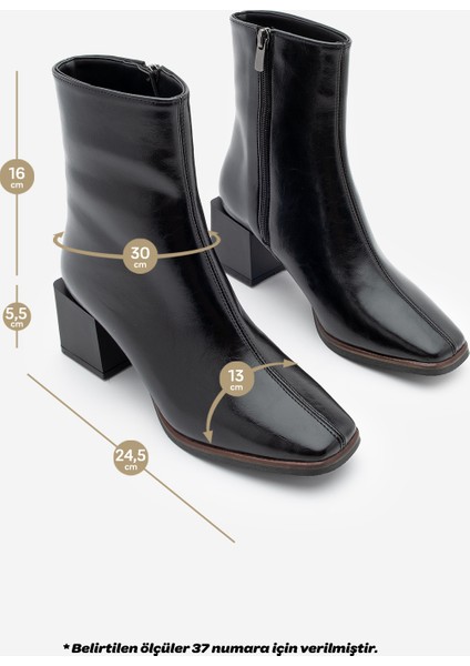 Kadın Topuklu Bot&Bootie Küt Burun Ahşap Desen Ökçe Fermuarlı Günlük Klasik Bot Noyes Siyah