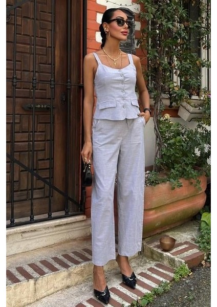 Kalın Askılı Bluz Pantolon Keten Takım 10187