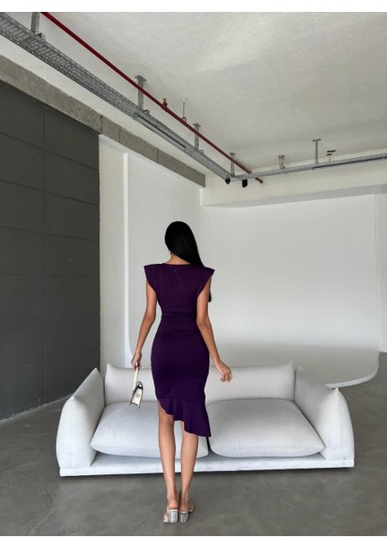 Kruvaze Yaka Scuba Volanlı Elbise Mor 581663 modelleri