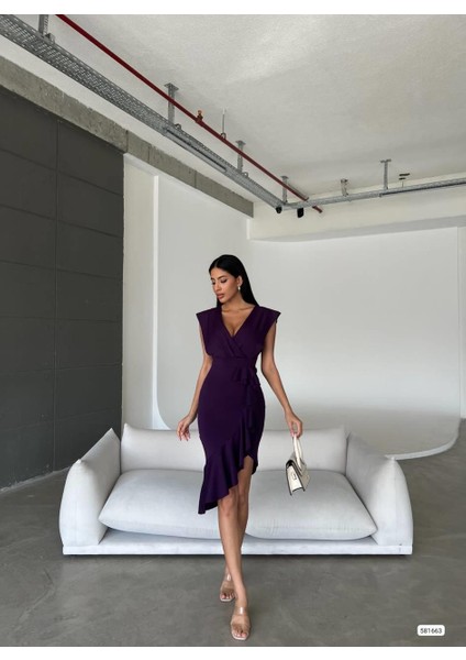 Kruvaze Yaka Scuba Volanlı Elbise Mor 581663 indirimleri