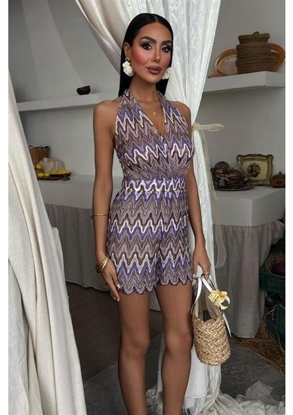 Zikzak Desenli Multi Renk Geçişli Mini Tulum 1365